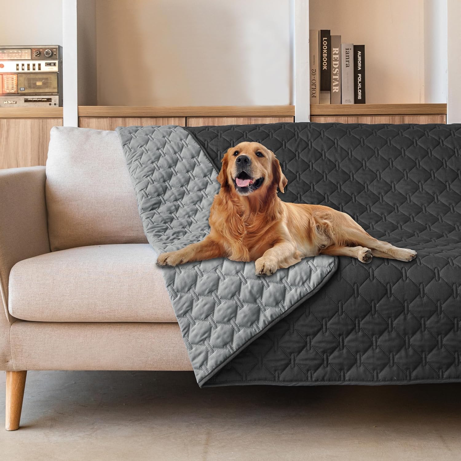 gogobunny 3X Stronger Waterproof Pet Blanket, Scratch Proof Furniture Protector for Dogs Cats, Reversible Cover 30x70 Inch, Dark Beige