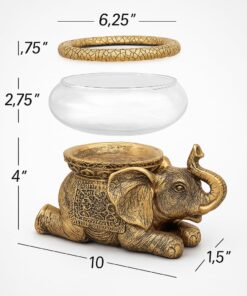 Good Luck Elephant Glass Bowl Gold Antiqued Polyresin Decorative Figurine with Removable Glass Bowl Terrarium, Candle Holder, or Tabletop Aquarium Home Decor with Gift Box