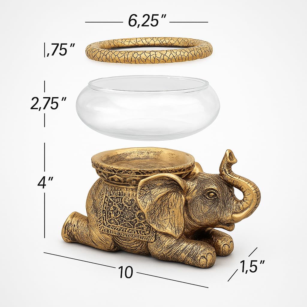 Good Luck Elephant Glass Bowl Gold Antiqued Polyresin Decorative Figurine with Removable Glass Bowl Terrarium, Candle Holder, or Tabletop Aquarium Home Decor with Gift Box