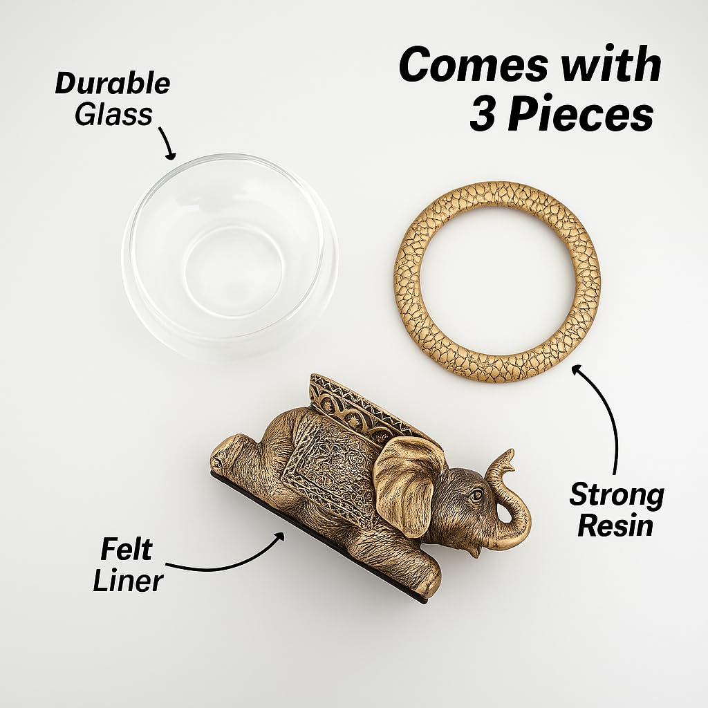 Good Luck Elephant Glass Bowl Gold Antiqued Polyresin Decorative Figurine with Removable Glass Bowl Terrarium, Candle Holder, or Tabletop Aquarium Home Decor with Gift Box