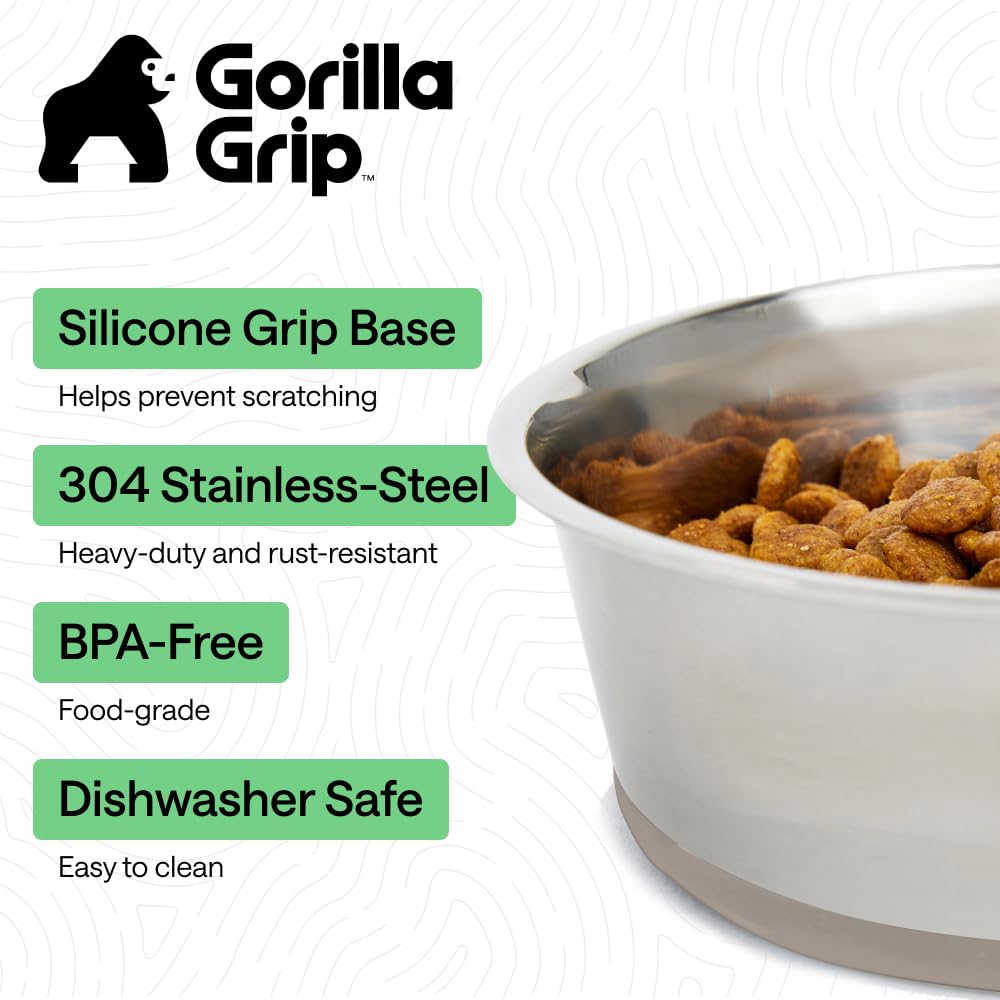 GORILLA GRIP Dog Bowls, Food Grade 304 Stainless Steel, Holds 2 Cups Each (16 fl oz) Food and Water Bowl for Feeding Dogs and Cats, Dishwasher Safe, Rust Resistant, BPA Free...