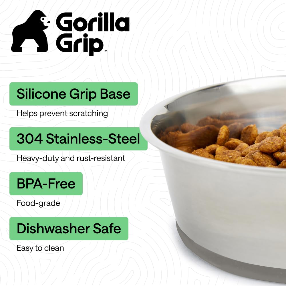 GORILLA GRIP Dog Bowls, Food Grade 304 Stainless Steel, Holds 2 Cups Each (16 fl oz) Food and Water Bowl for Feeding Dogs and Cats, Dishwasher Safe, Rust Resistant, BPA Free...
