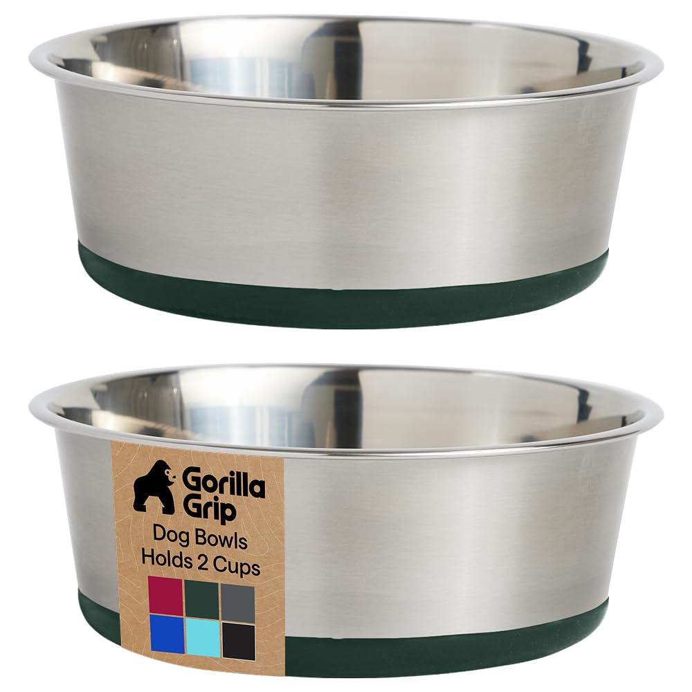 GORILLA GRIP Dog Bowls, Food Grade 304 Stainless Steel, Holds 2 Cups Each (16 fl oz) Food and Water Bowl for Feeding Dogs and Cats, Dishwasher Safe, Rust Resistant, BPA Free...