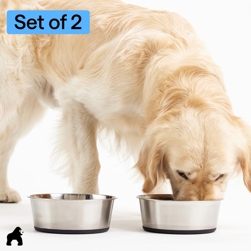 GORILLA GRIP Dog Bowls, Food Grade 304 Stainless Steel, Holds 2 Cups Each (16 fl oz) Food and Water Bowl for Feeding Dogs and Cats, Dishwasher Safe, Rust Resistant, BPA Free...