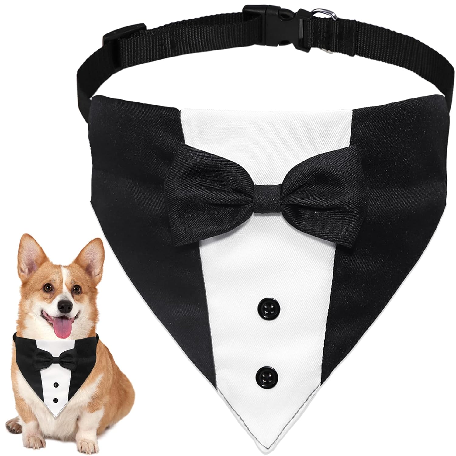 GOYOSWA Dog Tuxedo Suit Wedding Bandana Collar with Bow Tie, Adjustable Formal Dog Tux, Engagement Birthday Tuxedo for Small Medium Large Dogs Pets (Large: Neck 15”-25”)