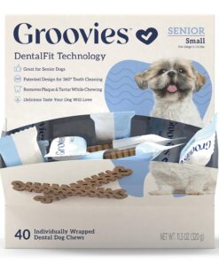 Groovies Gentle & Flexible Senior Dog Dental Chews, Contact-Cleaning Design Supporting Tartar Control & Fresh Breath, Oral Care Treats, USA Manufactured, Patented DentalFit...