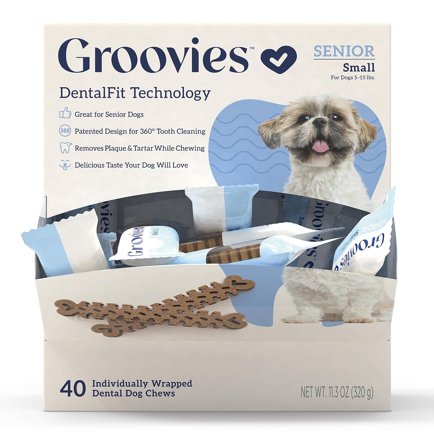 Groovies Gentle & Flexible Senior Dog Dental Chews, Contact-Cleaning Design Supporting Tartar Control & Fresh Breath, Oral Care Treats, USA Manufactured, Patented DentalFit...