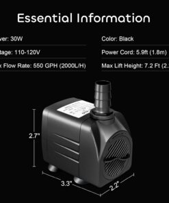GROWNEER 550GPH Submersible Pump 30W Fountain Water Pump, 2000L/H, with 7.2ft High Lift, 3 Nozzles for Aquarium, Fish Tank, Pond, Hydroponics, Statuary, Pool