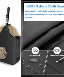Hay Bag Hanging Goat Feeder Tote Premium Oxford Cloth with Metal Ring and Adjustable Strap for Horses Donkeys Cows Alpacas Ostriches or Other Animals Black