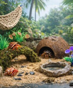 HERCCOCCI Hermit Crab Accessories, 6Pcs Hermit Crab Toys Coconut Shell Hut Climbing Hammock Artificial Plants for Hermit Crabs