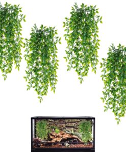 HERCOCCI Reptile Plants, 2 Pack Terrarium Hanging Plants Vines Artificial Leaves Habitat Decorations with Suction Cup for Bearded Dragon Hermit Crab Lizard Snake Geckos Chameleon
