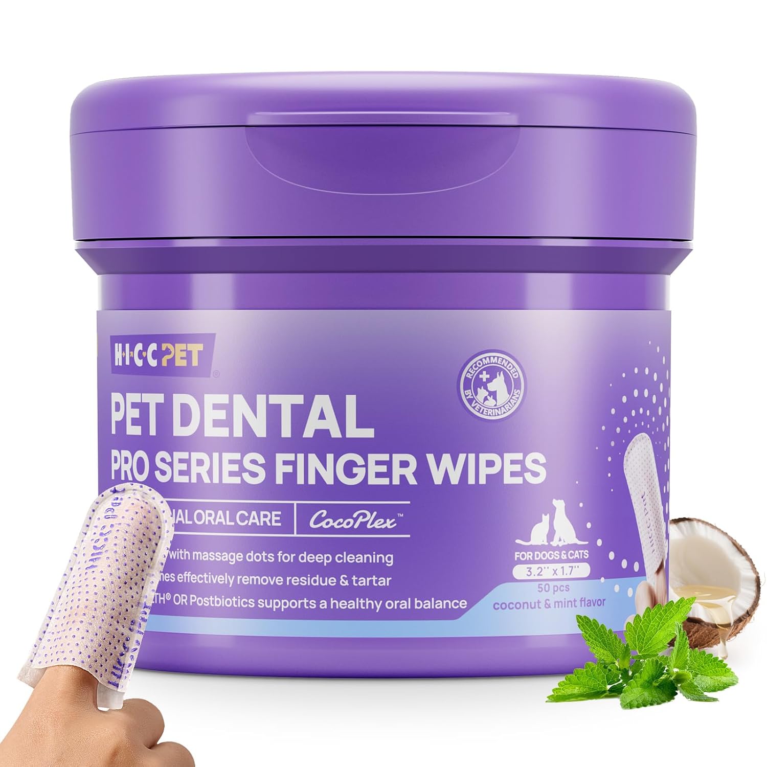 HICC PET Pro Dog Teeth Cleaning Wipes, Vet-Recommended Finger Toothbrush for Dogs & Cats, No-Rinse Dental Care Wipes, Gentle Cleansing & Gum Care, Tooth Brushing Kit Support, 50...