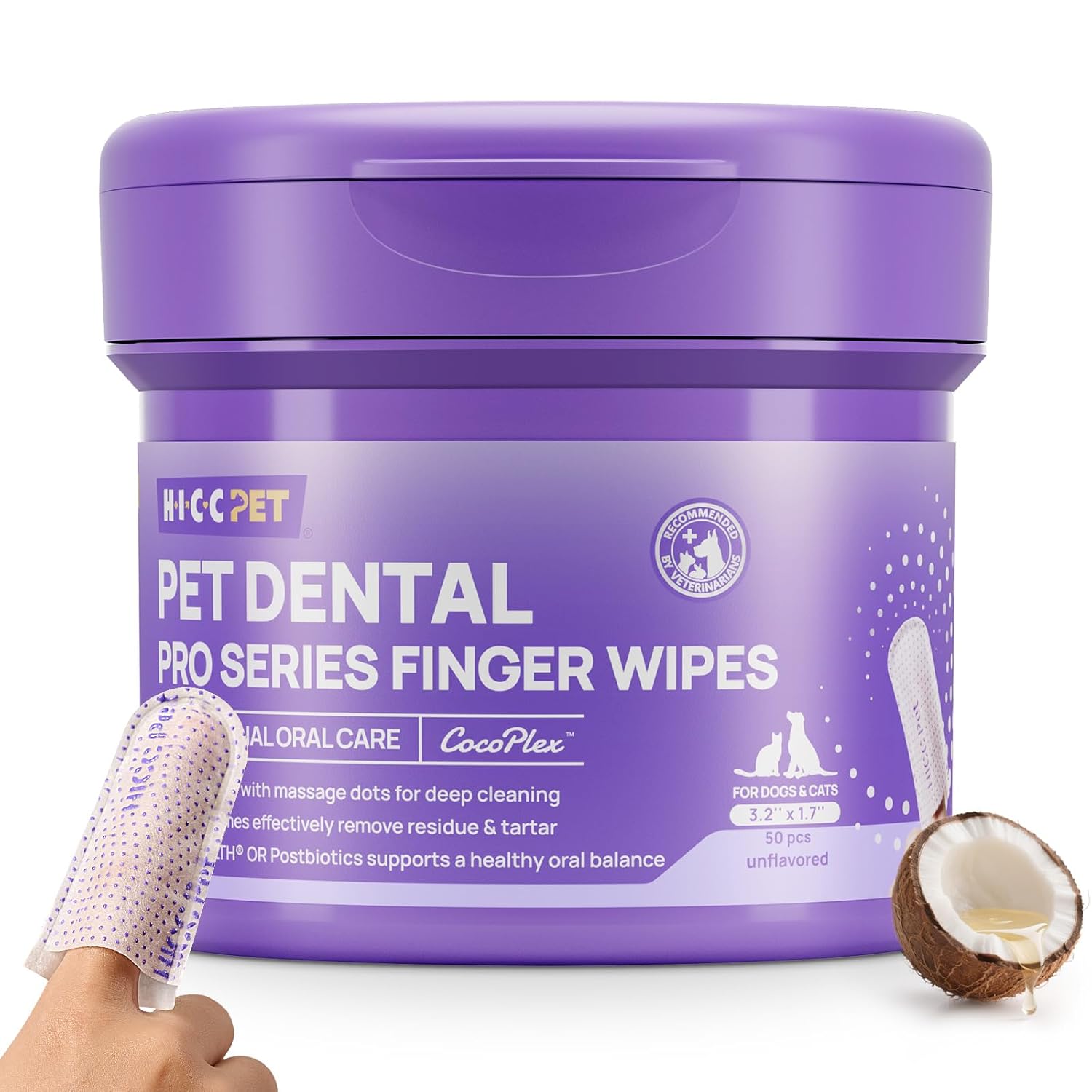 HICC PET Pro Dog Teeth Cleaning Wipes, Vet-Recommended Finger Toothbrush for Dogs & Cats, No-Rinse Dental Care Wipes, Gentle Cleansing & Gum Care, Tooth Brushing Kit Support, 50...
