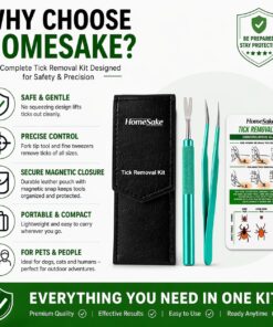 Homesake Tick Remover Tool for Dogs, Cats & Humans | Deer Tick Remover Kit | Stainless Steel Tick Removal Tool with Fine Tip Tweezers | Removes Entire Tick Head & Body | Pouch &...