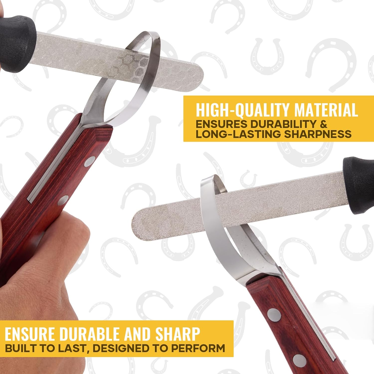 Hoof Knife with Sharpener, 2 PCS Professional Farrier Kit, Curved Stainless Steel Trimming Knife & 400/800 Grit Diamond Rod, Ergonomic Wood Handle, Rust-Resistant for Horses,...