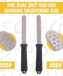 Hoof Knife with Sharpener, 2 PCS Professional Farrier Kit, Curved Stainless Steel Trimming Knife & 400/800 Grit Diamond Rod, Ergonomic Wood Handle, Rust-Resistant for Horses,...