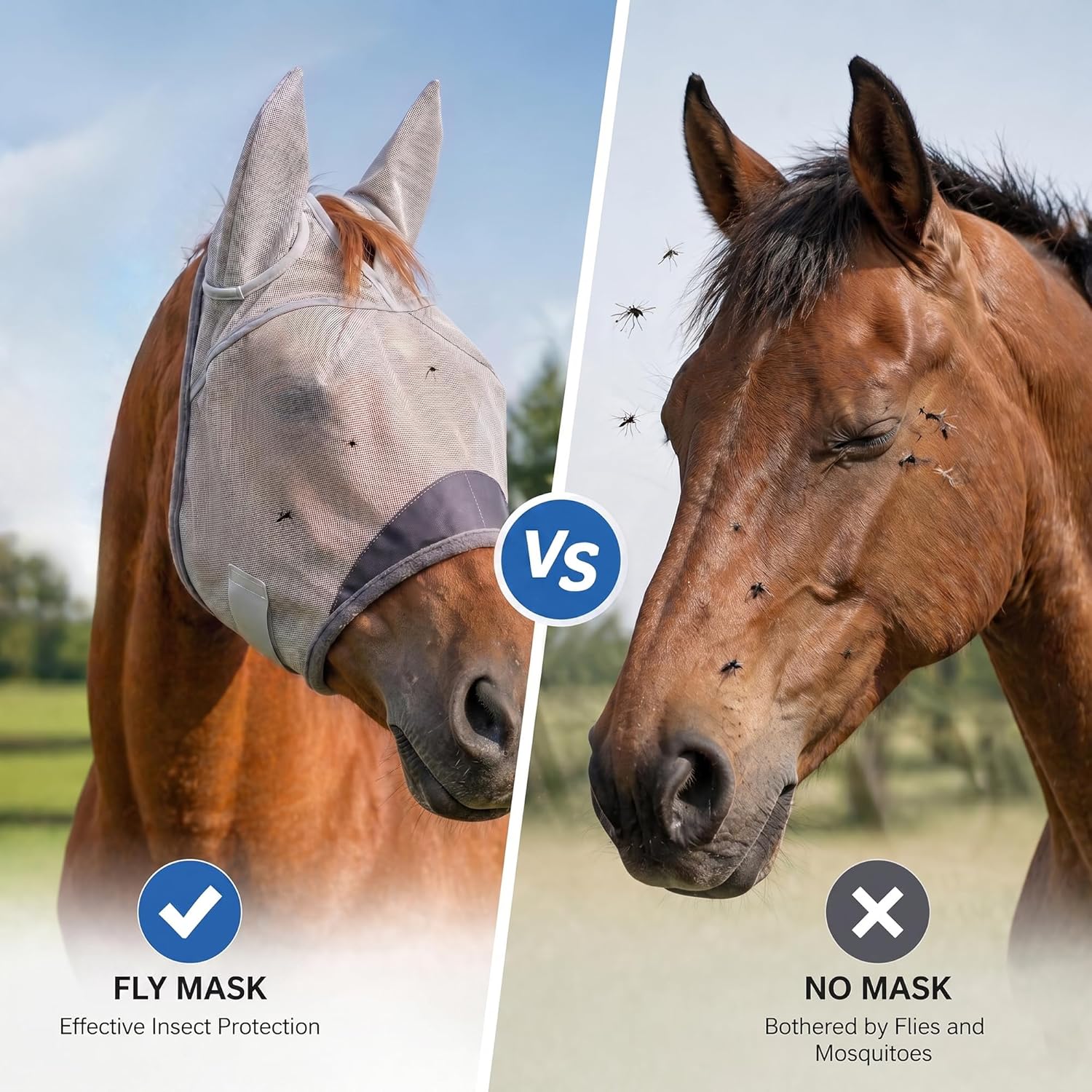 Horse Fly Mask with Ears - UV Protection Fine Mesh Super Comfort Fly Masks for Horses, Adjustable Breathability Horses Masks, Pony Equine Fly Mask for Miniature Foal Draft Cob...