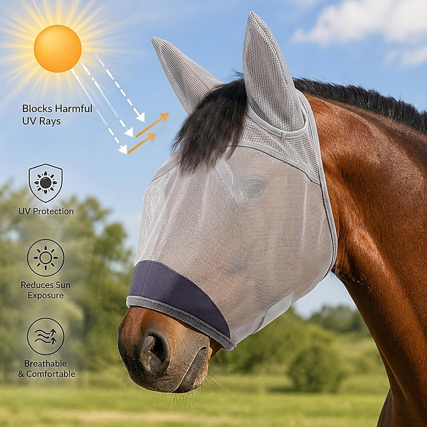 Horse Fly Mask with Ears - UV Protection Fine Mesh Super Comfort Fly Masks for Horses, Adjustable Breathability Horses Masks, Pony Equine Fly Mask for Miniature Foal Draft Cob...
