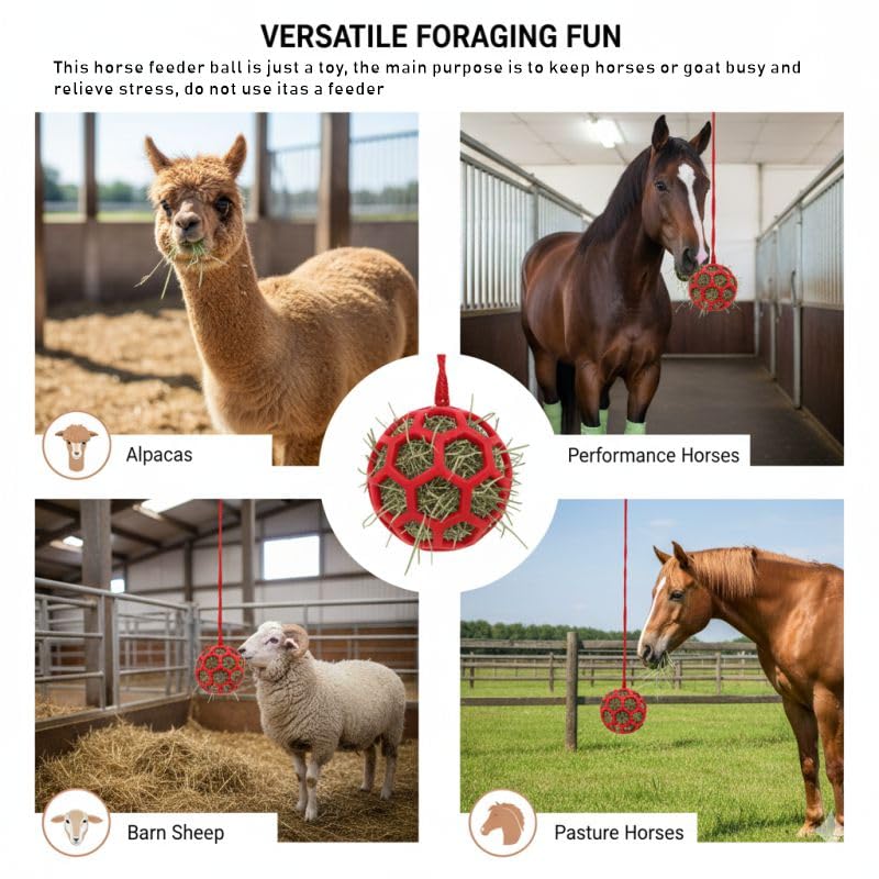 Horse Hay Feeder Ball, Red Hanging Treat Dispenser Toy for Stress Relief, Durable Feeding Equipment for Horses, Ponies, Goats, Sheep
