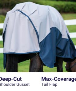 Horse Turnout Rain Sheet | 600 Denier Ripstop Turnout Blanket No Fill (0g) | Waterproof Lightweight Breathable | Tear-Resistant Outer & Rub-Free Silky Inner | Grey/Navy - 74 in