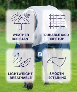 Horse Turnout Rain Sheet | 600 Denier Ripstop Turnout Blanket No Fill (0g) | Waterproof Lightweight Breathable | Tear-Resistant Outer & Rub-Free Silky Inner | Grey/Navy - 74 in