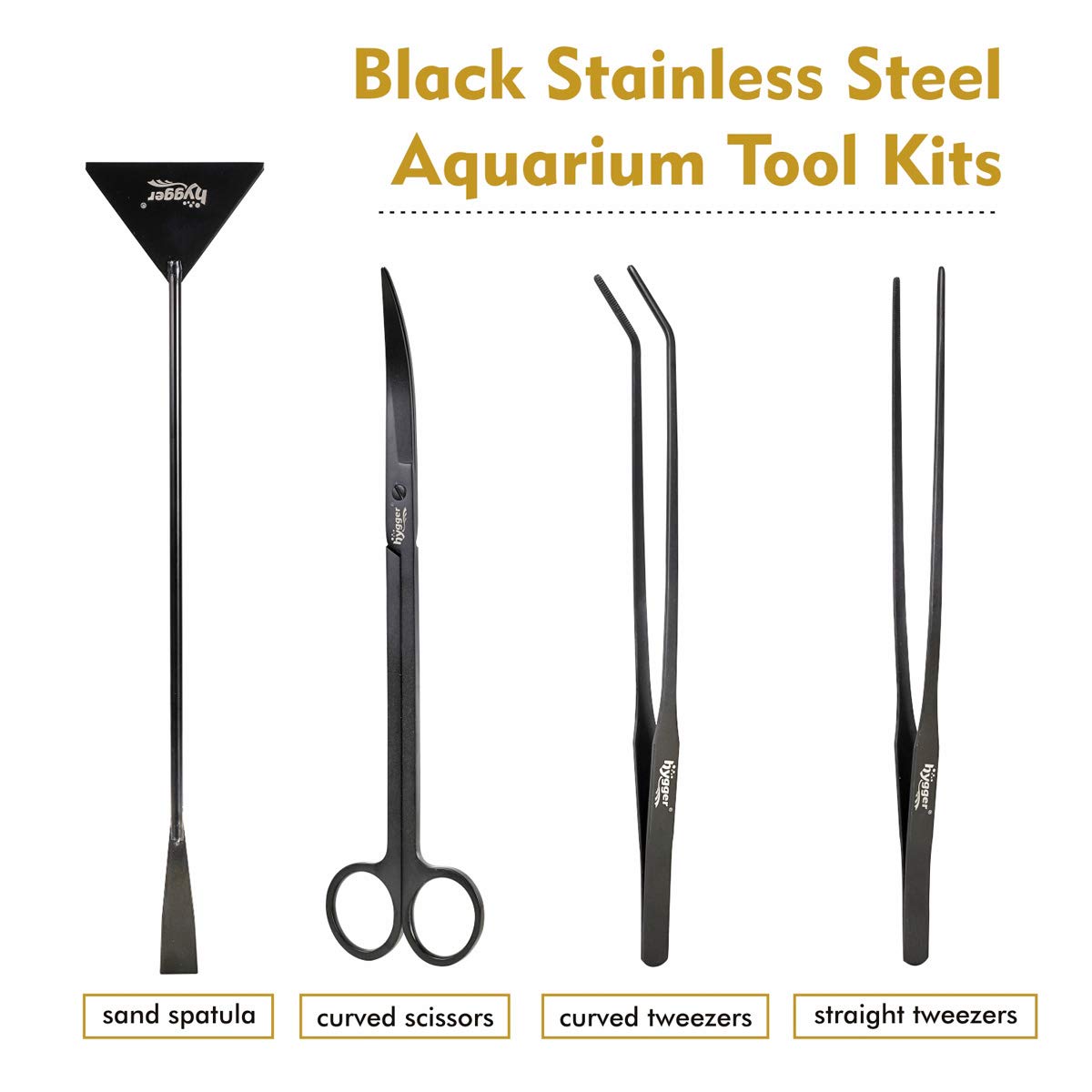 hygger Long Stainless Steel Premium Aquarium Tools, 4 PCS Aquatic Plant Tweezers Scissors Spatula Kits Comes with 1 Cleaning Cloth, for Fish Tank Starters