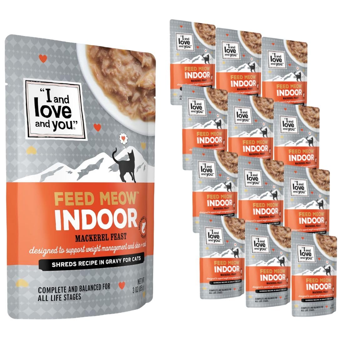 I AND LOVE AND YOU Feed Meow Indoor Wet Cat Food - Mackerel - Packed with Protein and Fiber, Grain Free, Shredded, 3oz Pack of 12