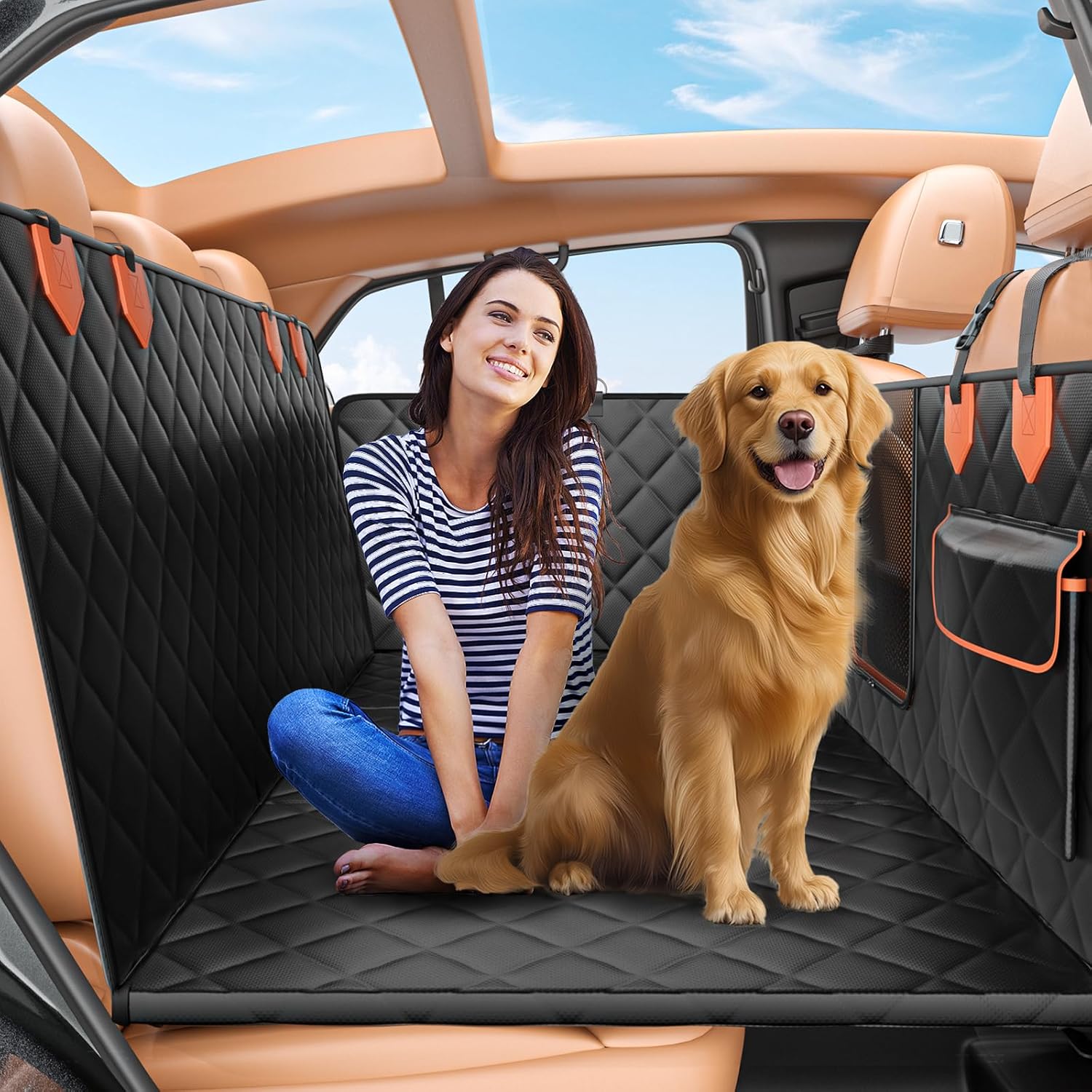 IJVAE Dog Seat Cover for Back Seat, Hard Bottom Back Seat Extender Holds 500 lbs, Waterproof & Nonslip Car Hammock for Large Pets, Comfortable Travel Seat Protector for SUV and...