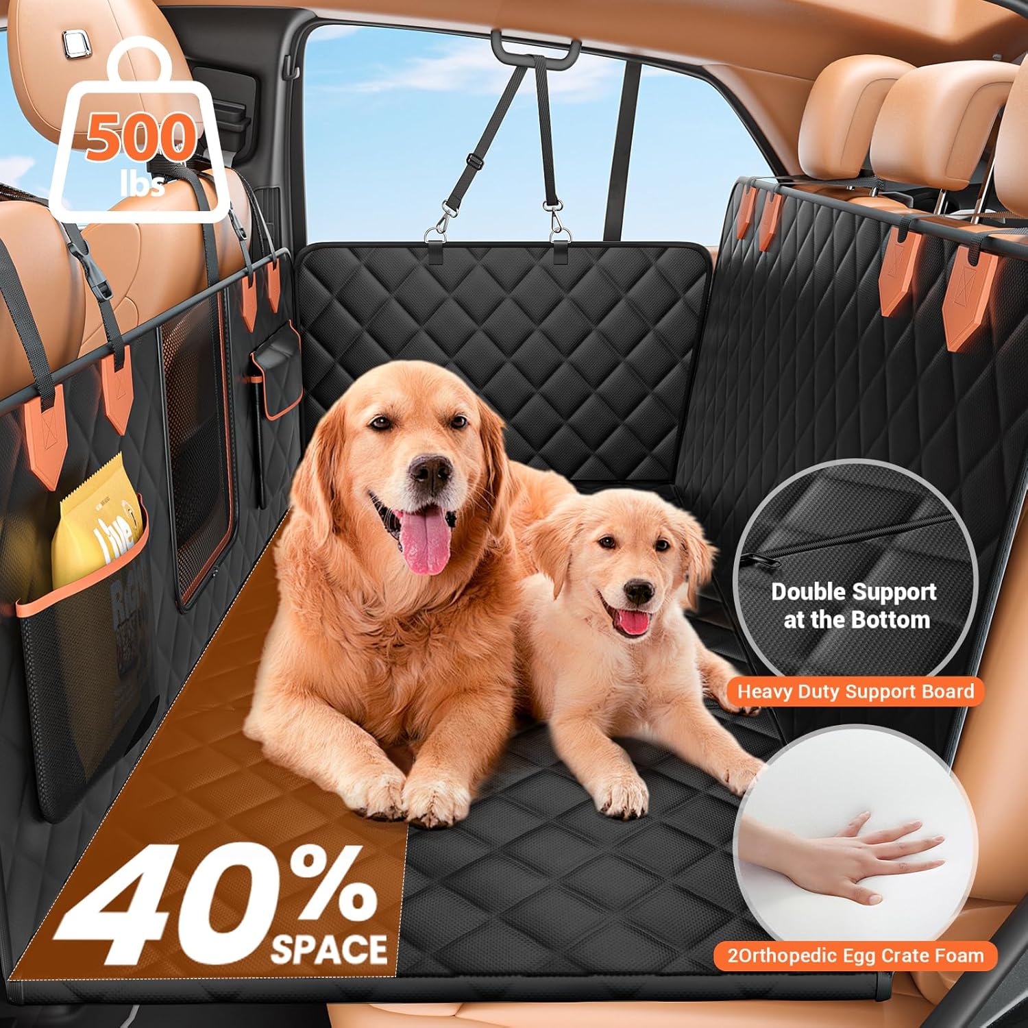 IJVAE Dog Seat Cover for Back Seat, Hard Bottom Back Seat Extender Holds 500 lbs, Waterproof & Nonslip Car Hammock for Large Pets, Comfortable Travel Seat Protector for SUV and...