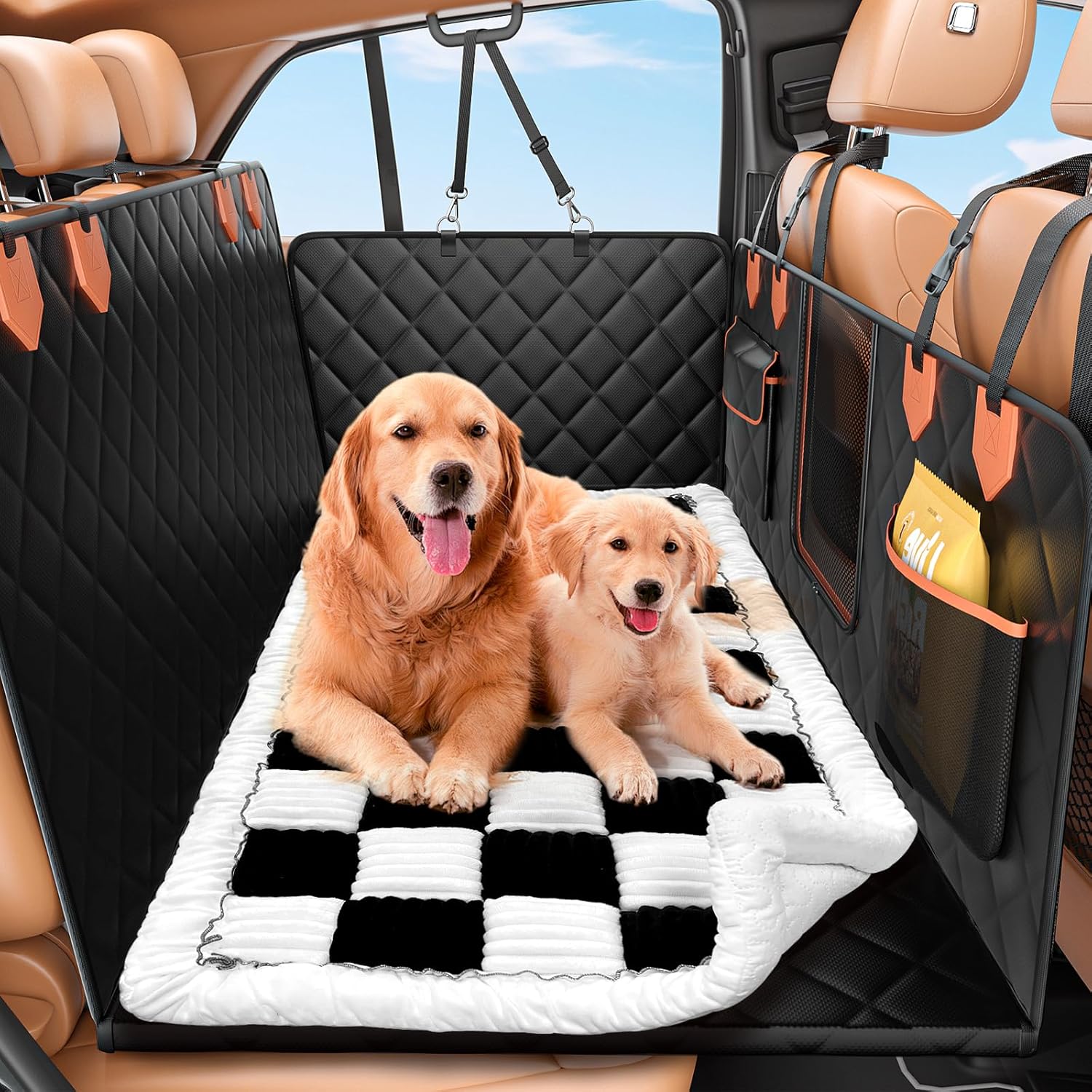 IJVAE Hard Bottom Car Seat Cover for Dog swith Removable Soft Blankets,Scratch-Proof and Anti-Slip Car Dog Hammock for Large Dogs Brown for Car, SUV