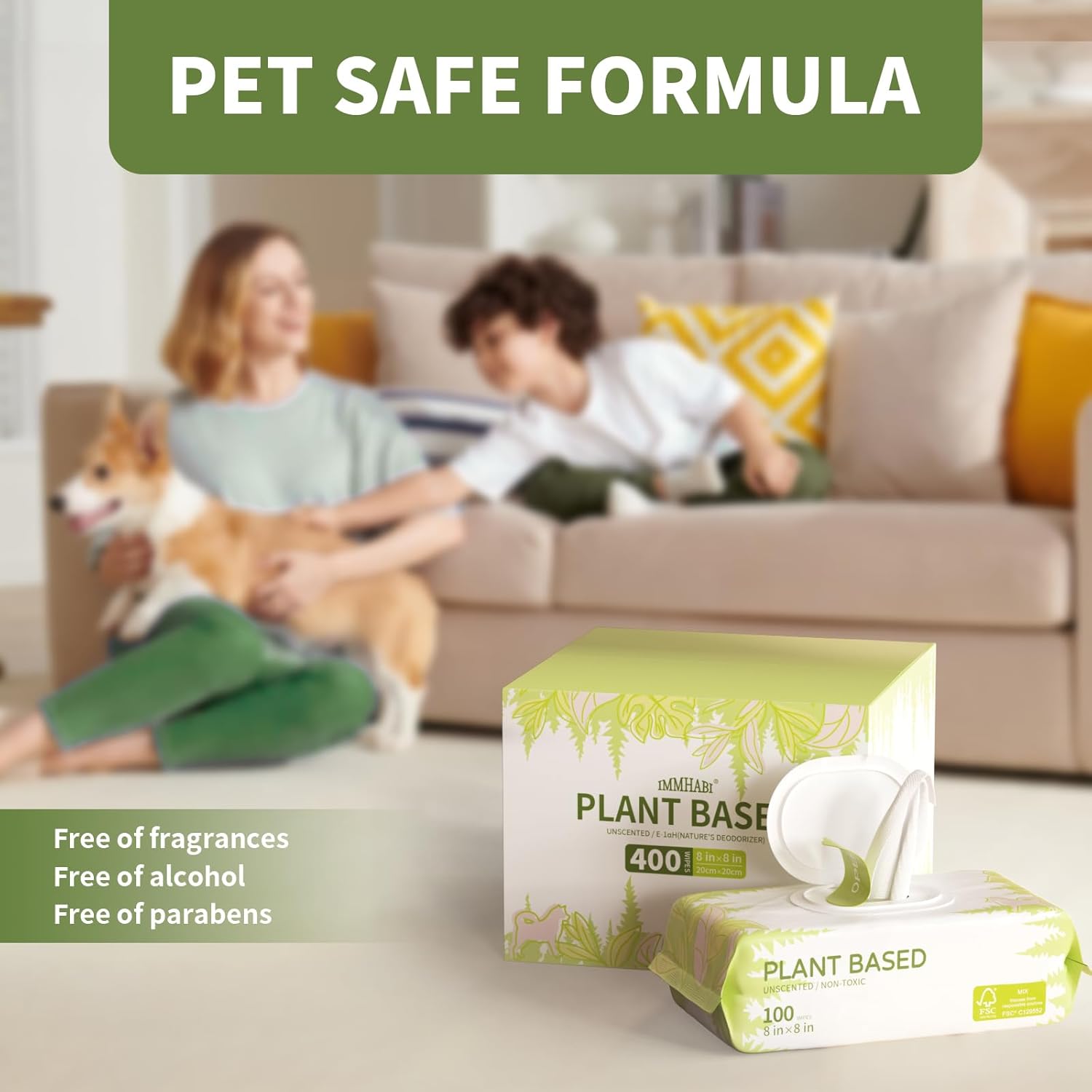 IMMHABI 400 Unscented Pet Wipes for Paws and Butt Plant Based Hypoallergenic Pets Cleansing & Deodorizing Anal Gland Hygienic Puppy Wipes for Dogs