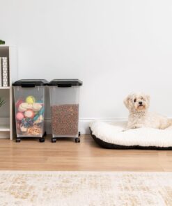 IRIS USA Dog Food Storage Container, 2 Pack, Up to 30 lbs Each, Airtight Seal for Freshness, Wheels for Rolling, Easy One Hand Opening, Made in USA, BPA Free, Clear/Black