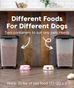IRIS USA Dog Food Storage Container, 2 Pack, Up to 30 lbs Each, Airtight Seal for Freshness, Wheels for Rolling, Easy One Hand Opening, Made in USA, BPA Free, Clear/Black