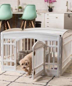 IRIS USA Dog Playpen with Door, 24” 4 Panel Pet Exercise Pen – Indoor Outdoor Puppy Play Pen, Portable Plastic Pet Fence for Small Medium Dogs, Foldable 35” x 35” x 24”, White