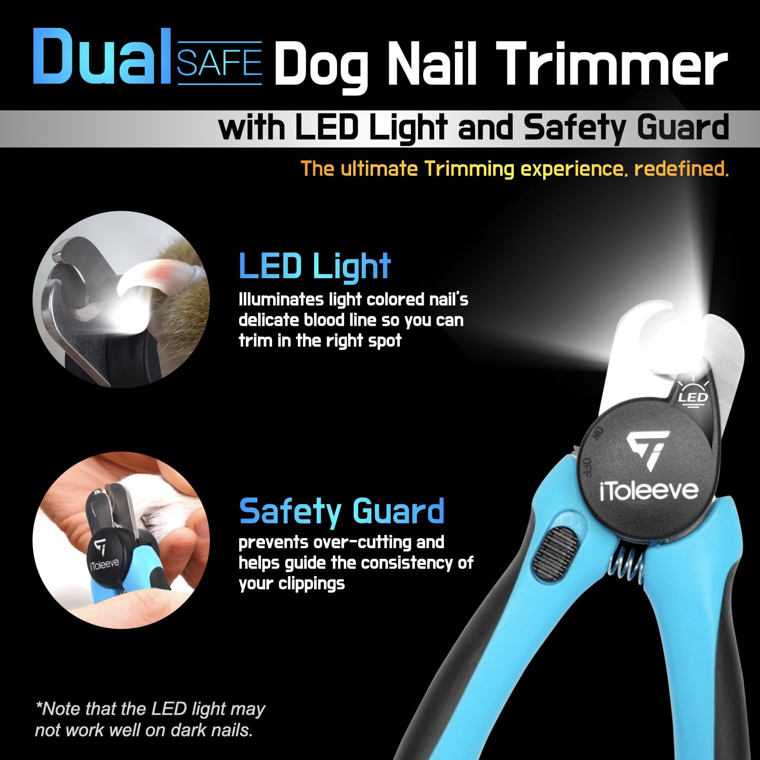 iToleeve LED Dog Nail Clipper with Light, Illuminates Nails or Bloodline for Safe and Easy Trimmers, Extra Sharp for Thick Nails, Quick Sensor, Avoid Over Cutting Toenail, for...