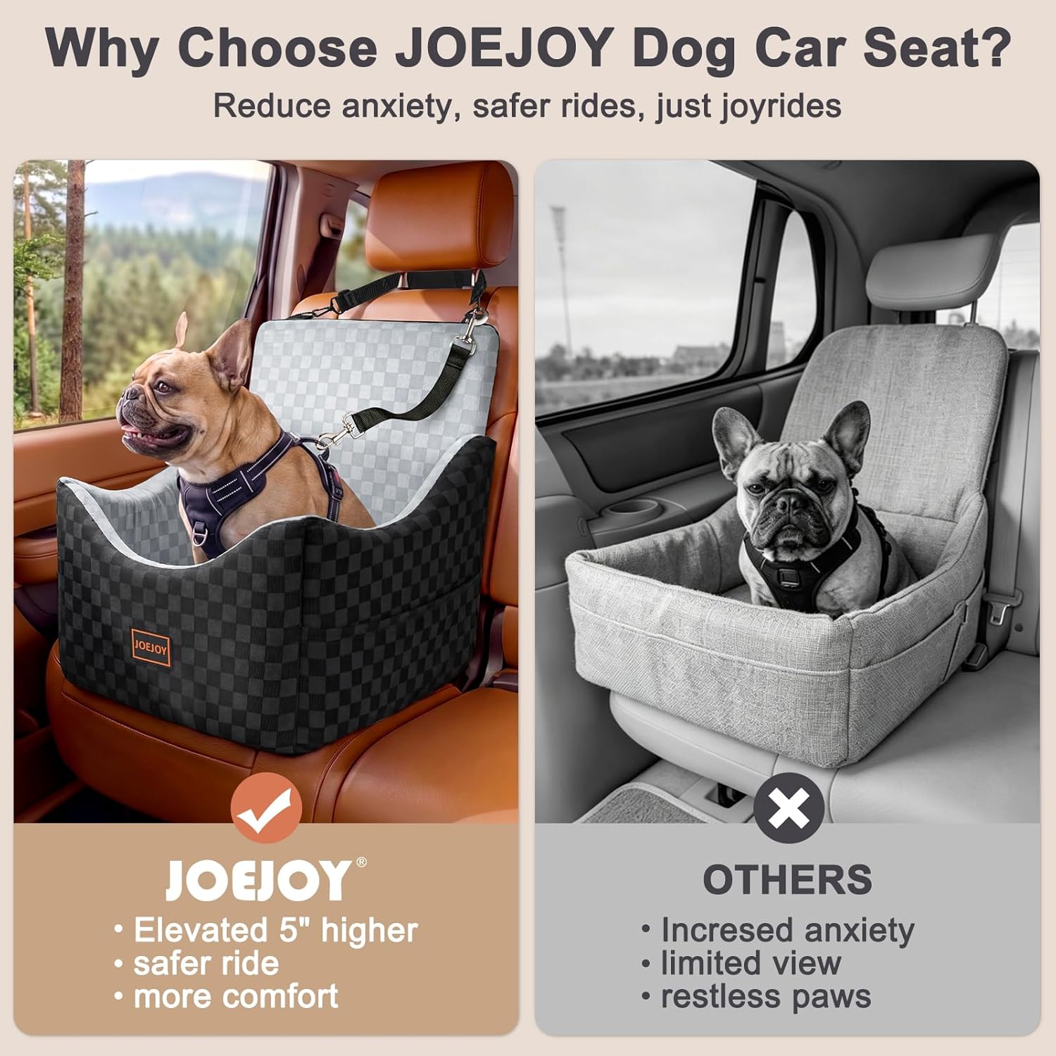 JOEJOY Elevated Dog Car Seat for Small/Medium Dogs up to 35 lbs, Memory Foam Booster Seat with Detachable Washable Cover, Travel-Safe Car Bed with Safety Belts & Storage...