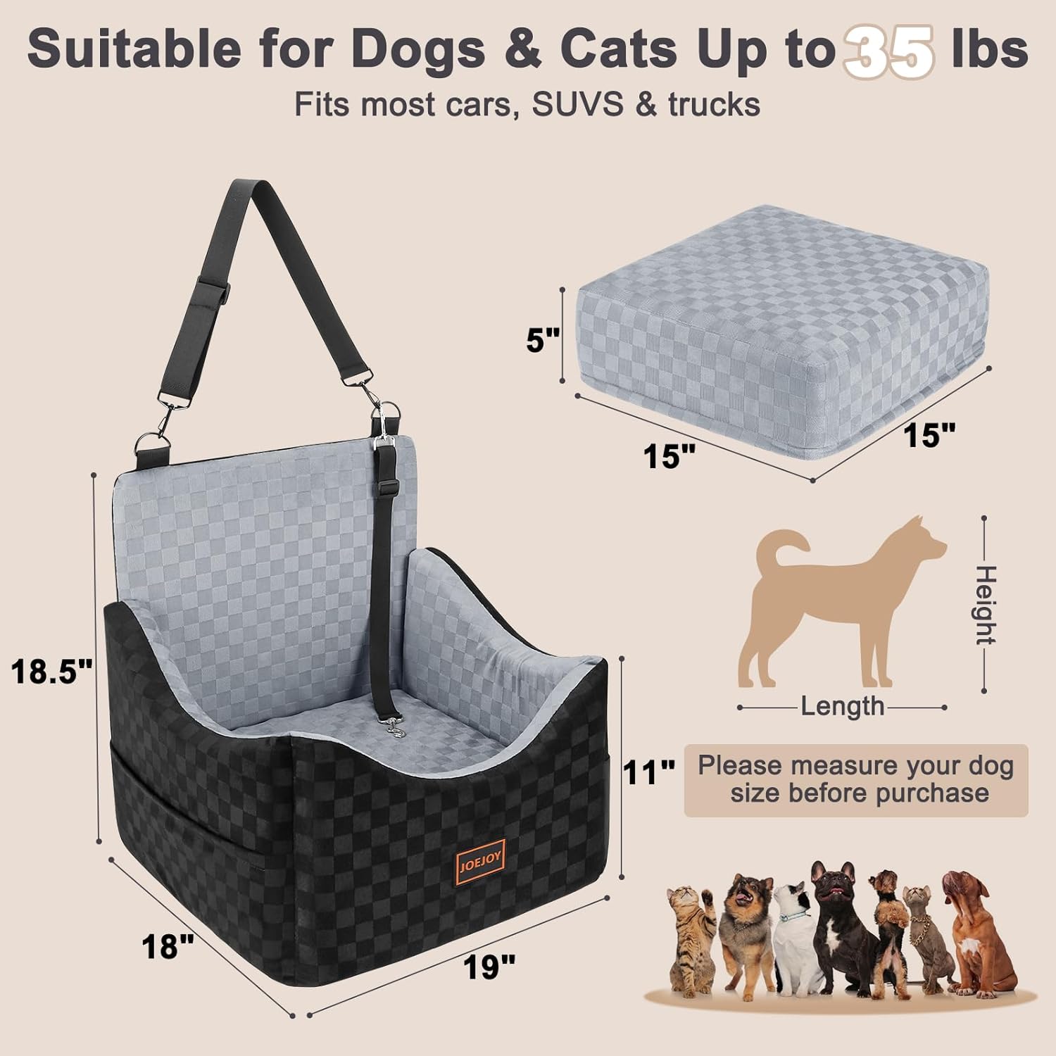 JOEJOY Elevated Dog Car Seat for Small/Medium Dogs up to 35 lbs, Memory Foam Booster Seat with Detachable Washable Cover, Travel-Safe Car Bed with Safety Belts & Storage...