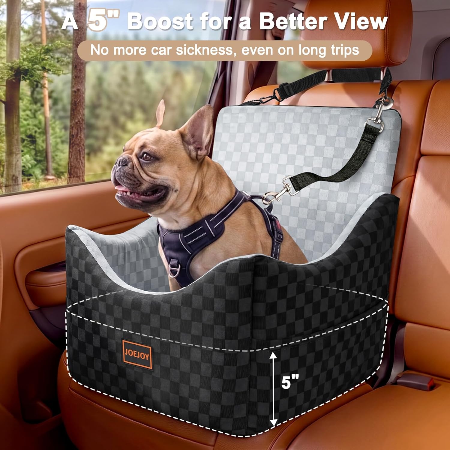 JOEJOY Elevated Dog Car Seat for Small/Medium Dogs up to 35 lbs, Memory Foam Booster Seat with Detachable Washable Cover, Travel-Safe Car Bed with Safety Belts & Storage...