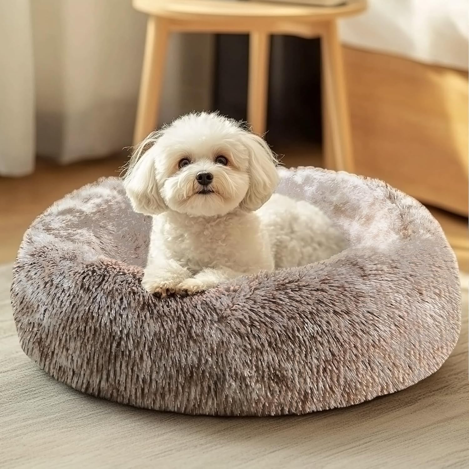 JOLLYVOGUE Small Dog Bed, Calming Soft Anti-Anxiety Donut Cat Bed, Washable Round Fluffy Cushion for Small and Medium Pets (20")