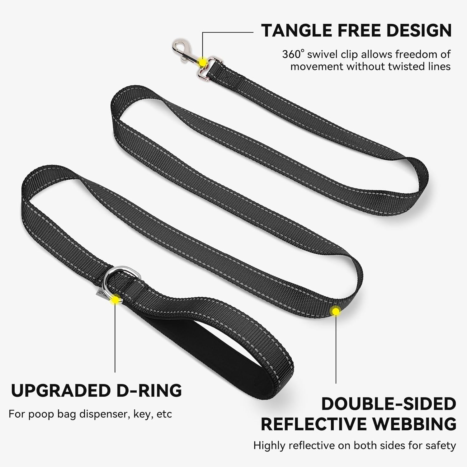 Joytale Dog Leash, 6 FT Double-Sided Reflective, Padded Handle Nylon Heavy Duty Leashes for Medium & Large Dogs Walking, Black