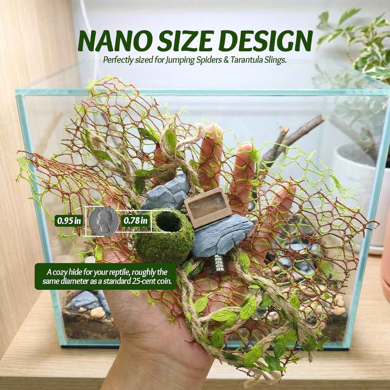 Jumping Spider Enclosure Accessories Kit - Magnetic Moss Ball Hideout, 2 Rock Ledges, Feeding Bowl, Climbing Mesh Nets & Rope Ladder - Natural Forest Habitat Decor for Regal...