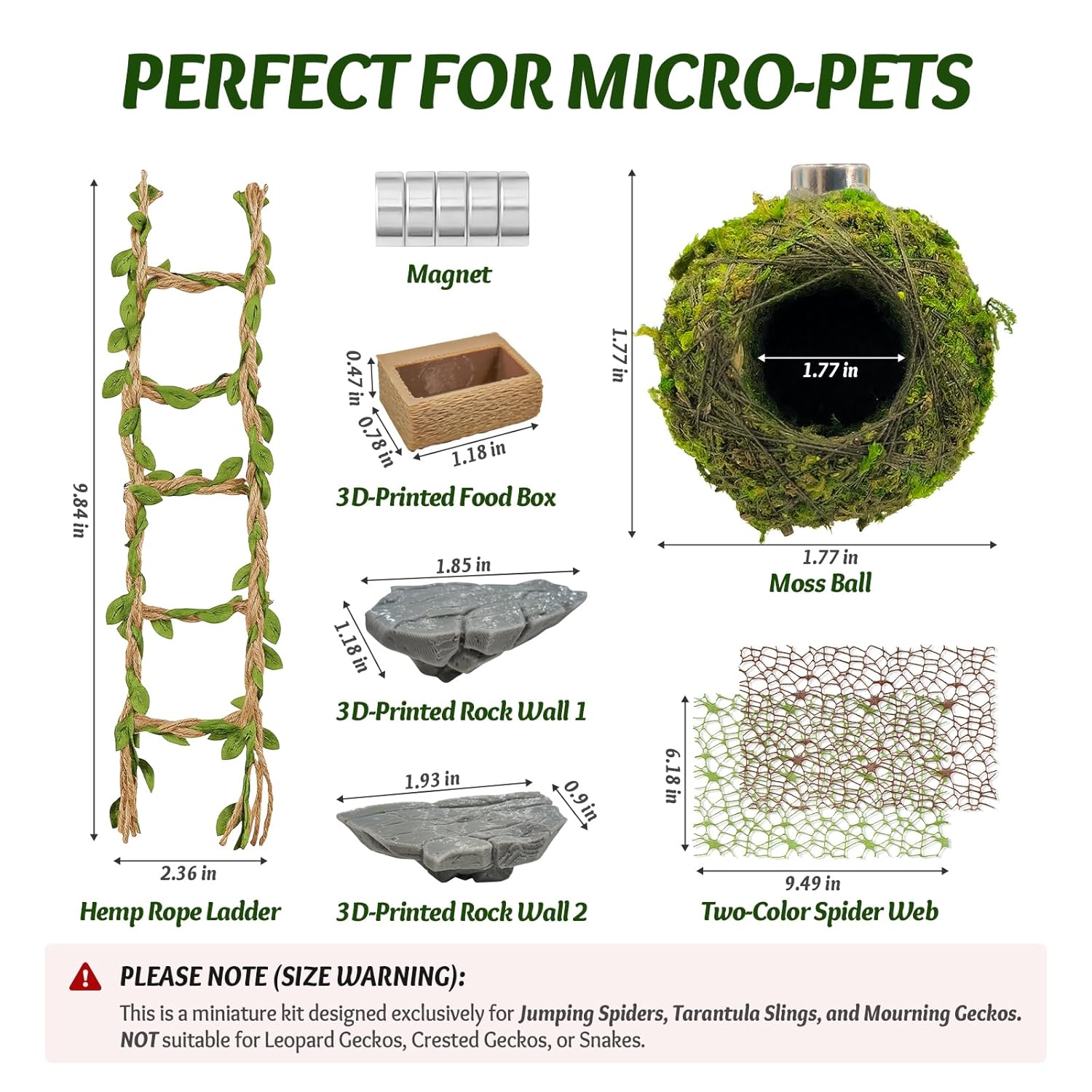 Jumping Spider Enclosure Accessories Kit - Magnetic Moss Ball Hideout, 2 Rock Ledges, Feeding Bowl, Climbing Mesh Nets & Rope Ladder - Natural Forest Habitat Decor for Regal...