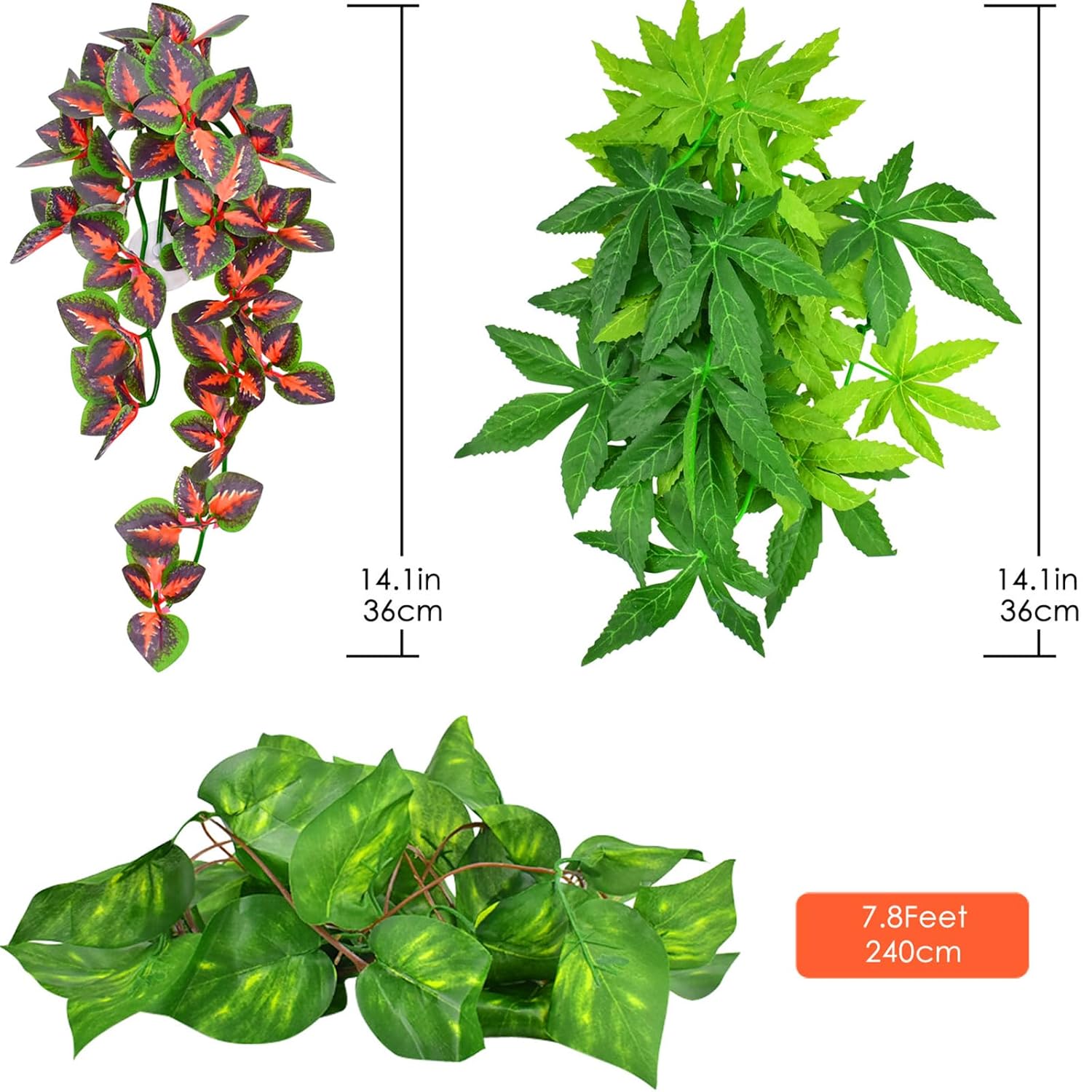 KATUMO Reptile Plants, 3 PCS Amphibian Hanging Plants with Suction Cup for Snake, Bearded Dragons, Lizards, Geckos, Toads, Hermit Crab Tank Pets Habitat Decorations