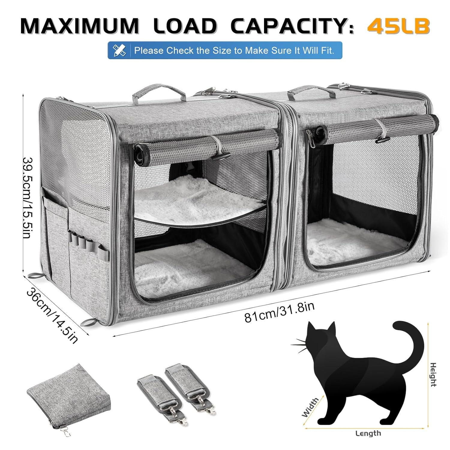 Large Cat Carrier for 2 Cats with Zipper Locks, Double Cat Carrier with Travel Litter Box, Soft Pet Travel Carrier for Cats and Small Dogs Up to 45 Lbs, Gray