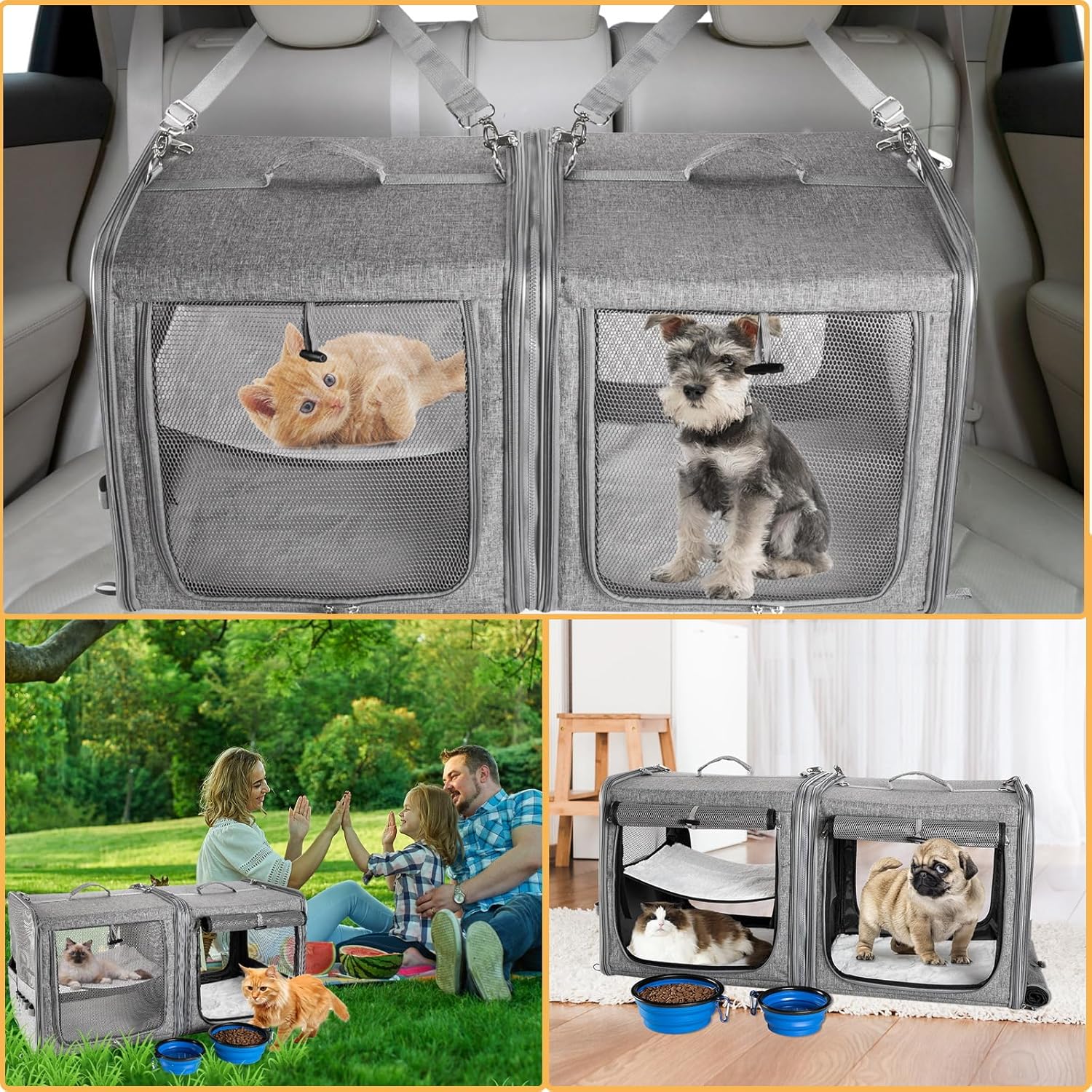 Large Cat Carrier for 2 Cats with Zipper Locks, Double Cat Carrier with Travel Litter Box, Soft Pet Travel Carrier for Cats and Small Dogs Up to 45 Lbs, Gray