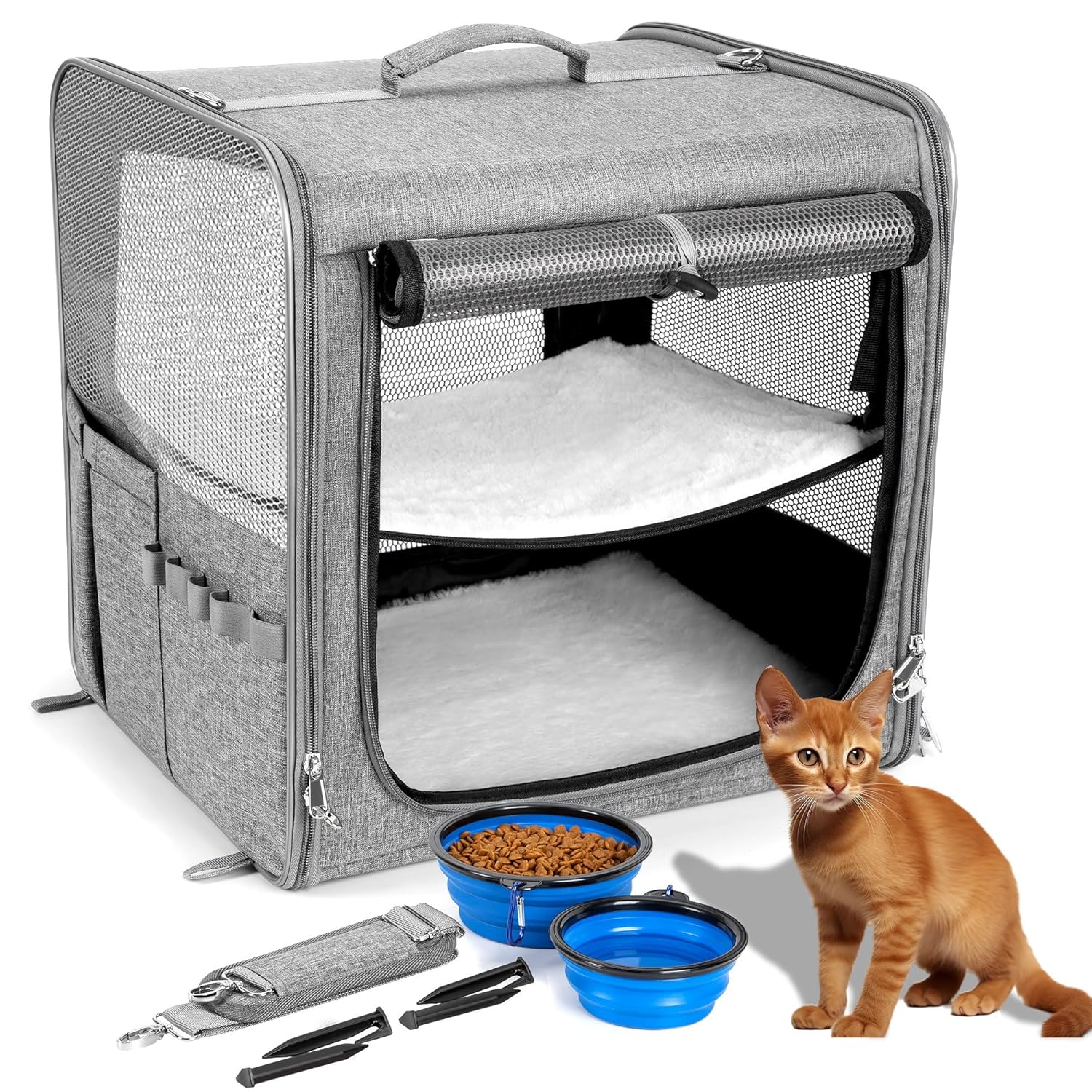 Large Cat Carrier for 2 Cats with Zipper Locks, Double Cat Carrier with Travel Litter Box, Soft Pet Travel Carrier for Cats and Small Dogs Up to 45 Lbs, Gray