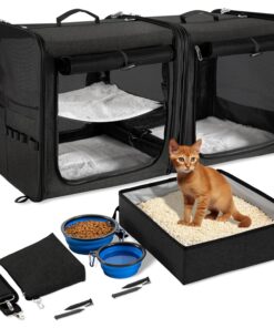 Large Cat Carrier for 2 Cats with Zipper Locks, Double Cat Carrier with Travel Litter Box, Soft Pet Travel Carrier for Cats and Small Dogs Up to 45 Lbs, Gray