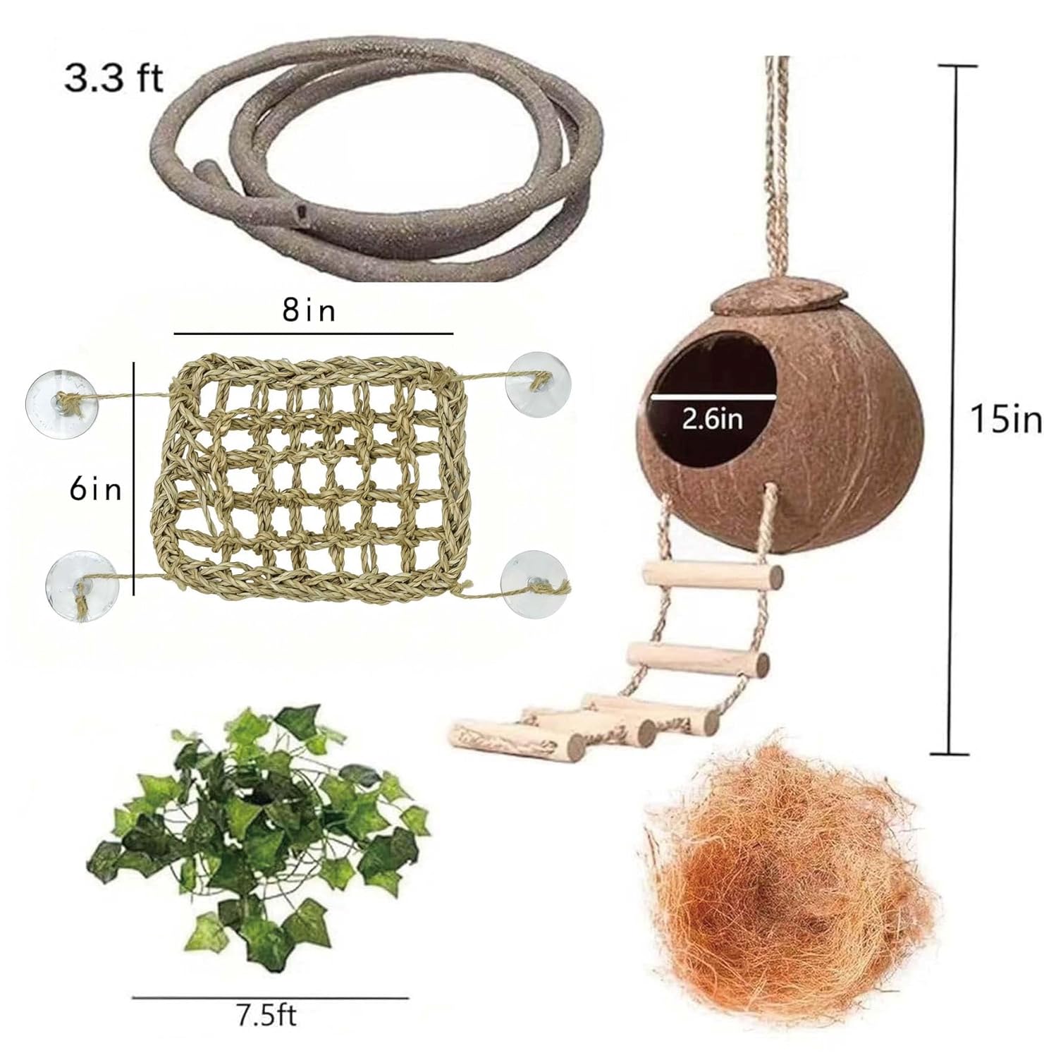 Leopard Gecko Tank Accessories. Reptile Hammock Vines Plants with Coconut Shell Ladder Hideout Hermit Crab Decor for Bearded Dragon Lizard Chameleon Crested Gecko Tortoise Snake