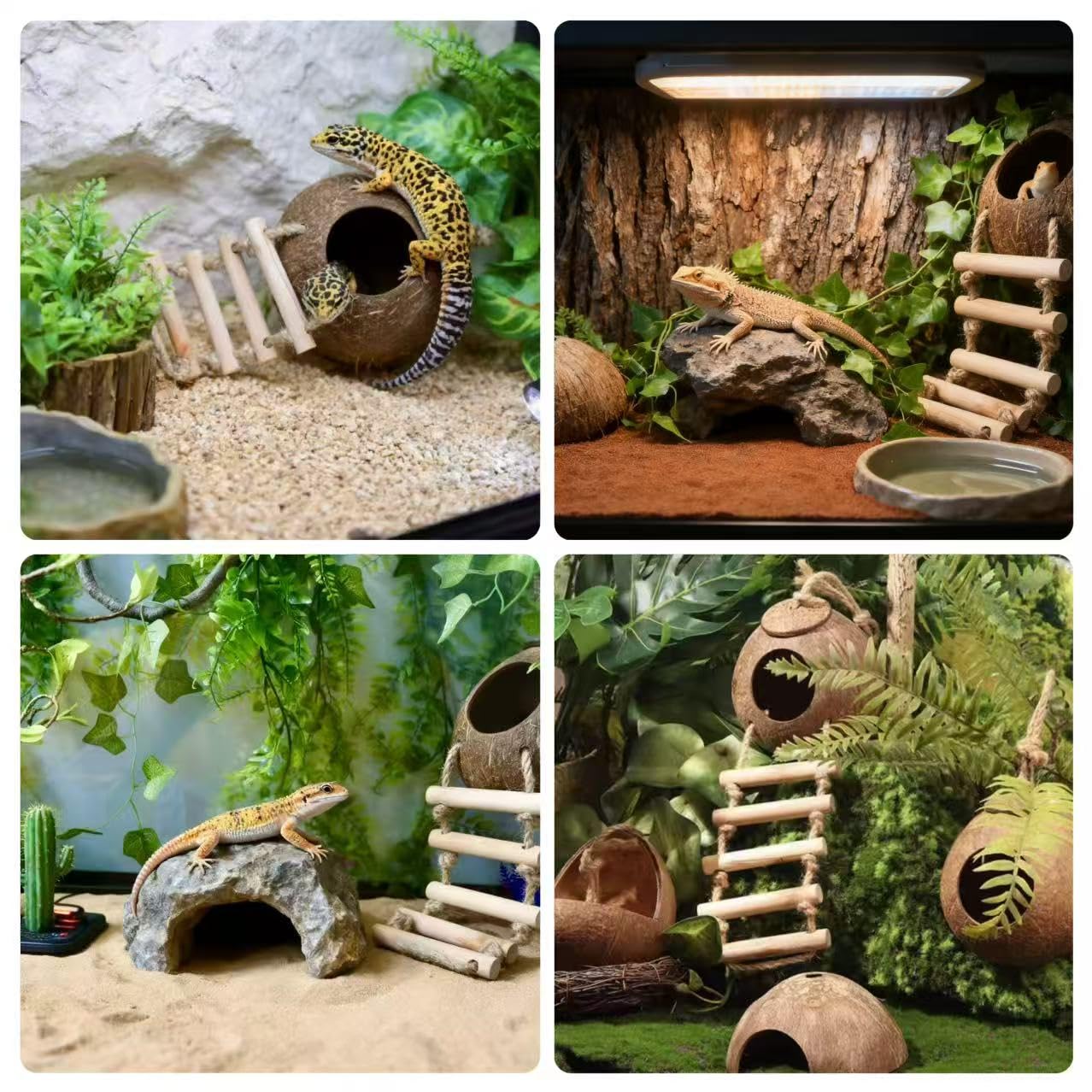 Leopard Gecko Tank Accessories. Reptile Hammock Vines Plants with Coconut Shell Ladder Hideout Hermit Crab Decor for Bearded Dragon Lizard Chameleon Crested Gecko Tortoise Snake