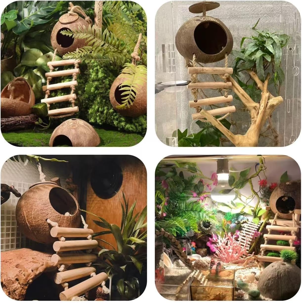 Leopard Gecko Tank Accessories. Reptile Hammock Vines Plants with Coconut Shell Ladder Hideout Hermit Crab Decor for Bearded Dragon Lizard Chameleon Crested Gecko Tortoise Snake